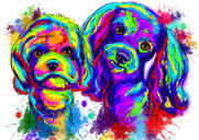 Par spanielhundar karikatyrporträtt i ljus neon akvarellstil från foton