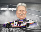 Caricatura del pilota di auto da corsa in stile a colori con sfondo personalizzato da foto