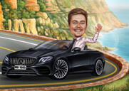 Caricature d'une personne dans une Mercedes comme cadeau personnalisé