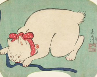 10. "قطة بيضاء تلعب بالخيط" لأوتاغاوا هيروشيغي الثاني (1863)-0