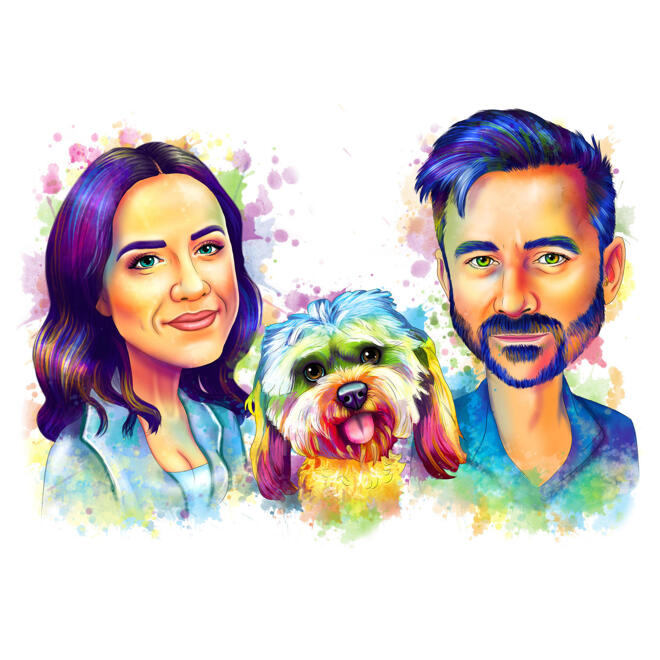 Couple with Pet Portrait in Watercolor Rainbow Style