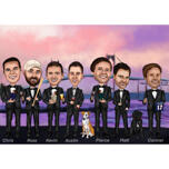 Dibujo de caricatura de padrinos de boda con fondo de puente