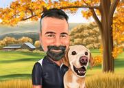 Ägare med husdjurskarikatyr i färgstil på anpassad bakgrund från foton
