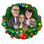 Christmas Family with Pets Caricature in Holiday Wreath