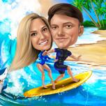 Couple Surfing Caricature