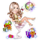 Cheering in Martini Glass Caricature for Birthday
