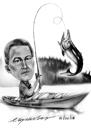 Caricature d'un pêcheur en noir et blanc