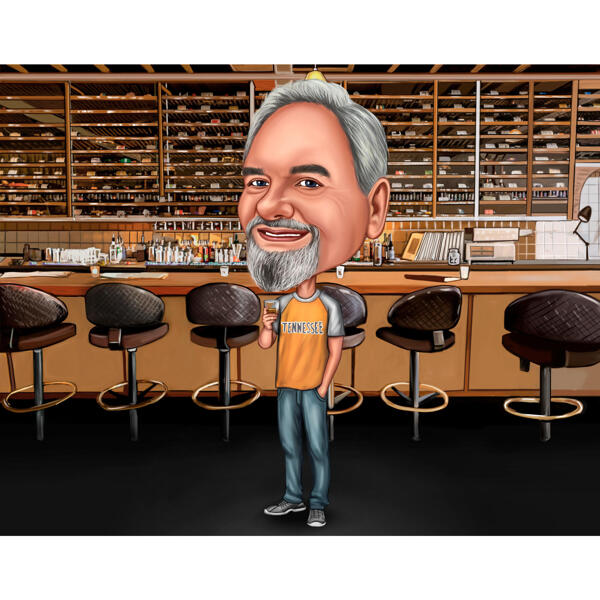 Personne dans un bar – Caricature exagérée et drôle du corps entier tirée d'une photo
