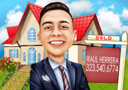 Desenho de caricatura de corretor imobiliário com informações comerciais