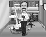 Подарок стоматологу - черно-белый карикатурный портрет по фотографии на заказ
