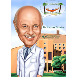 Doctor Caricature Gift for Retirement with Hospital Background