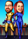 Caricature de couple de super-héros complet du corps