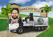 Caricatura de motorista de caminhão em estilo de cor em fundo personalizado