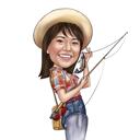 Fisherman Caricature with Fish and Fishing Rod