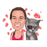 Owner with Pirate Cat Colored Caricature with Hearts Background