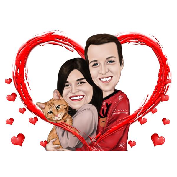 Karikatura páru s kočkou v srdci na zakázku