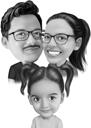 Мультяшный портрет родителей с детьми по фотографии в черно-белом цифровом стиле
