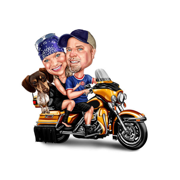 Coppia con caricatura di cane in sella a una motocicletta