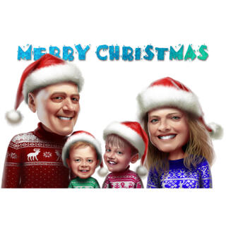 Christmas Family Caricature Portrait in Santa's Hats: Merry Christmas