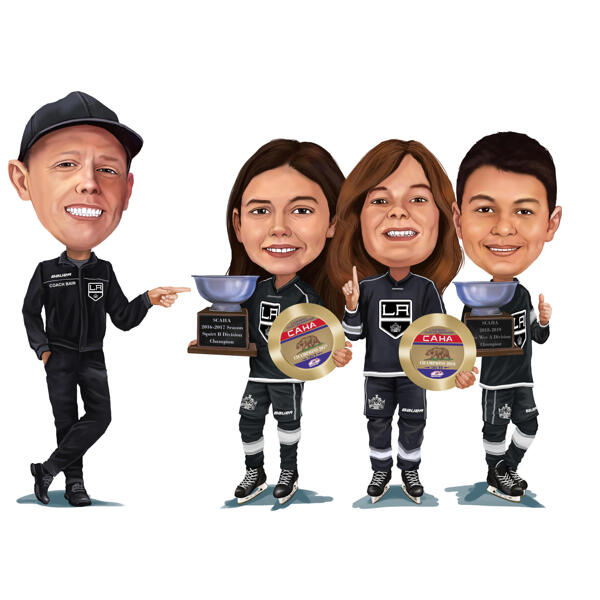 Karikatura vítězů hokejového mistrovství s trenérem