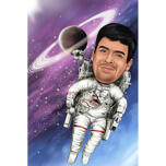 Карикатурный портрет космонавта в полный рост с космическим фоном