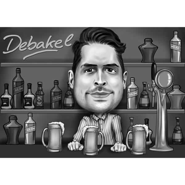 Bartender Caricature in Pub Hand Drawn in Black and White Style from Photos