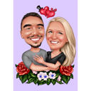 Couple Caricature Gift with Floral Ornaments on Colored Background