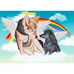 Portrait de deux chiens avec halo et ailes d'ange