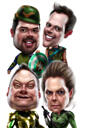 Big Heads Supersankariryhmän karikatyyri valokuvista värillisellä taustalla