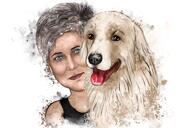 Proprietário com cachorro - Retrato em estilo aquarela com fundo personalizado