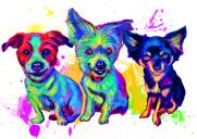 Caricatura de retrato de grupo de tres perros en acuarelas de arco iris, tipo de cuerpo completo