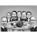 Caricatura della famiglia della cena del Ringraziamento da foto in stile bianco e nero