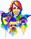 Owner with Dogs Caricature Portrait in Rainbow Watercolor Style from Photos