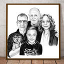 Kohandatud perekond koos plakatikingituseks mustvalges käsitsi joonistatud koeraportreega