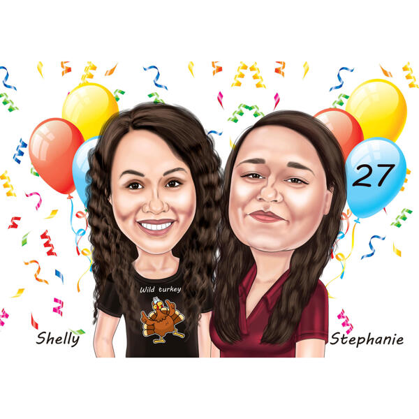 Venner karikatur til 27-års fødselsdagsgave i farvet stil fra fotos