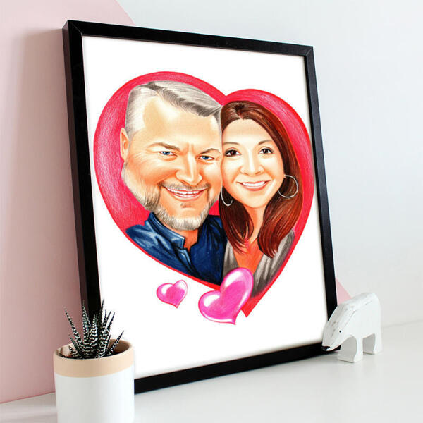 Paar in hart karikatuur cartoon van foto's afgedrukt als poster