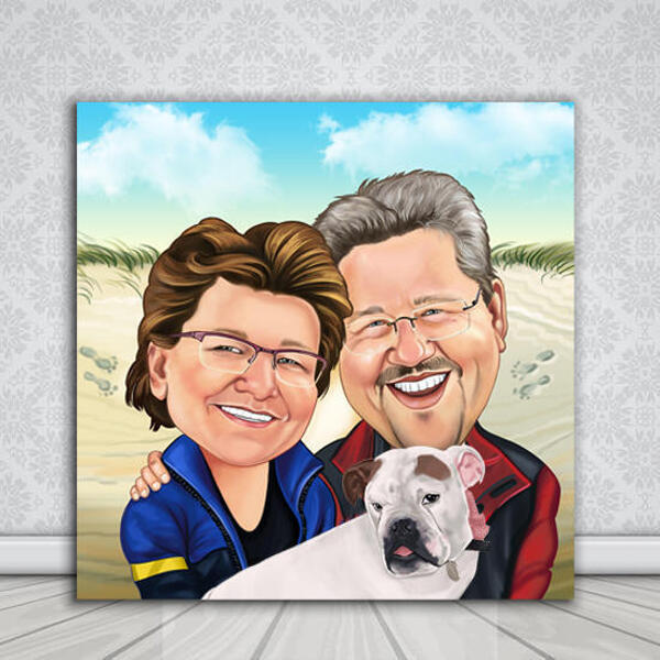 Couple avec caricature colorée d'animaux de compagnie à partir de photos sur toile personnalisée