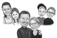Černobílý rodinný kreslený portrét z fotografií pro dárek ke dni díkůvzdání