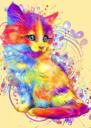 Akvarel kočka dívka kreslený portrét z fotografie v celotělovém typu s barevným pozadím