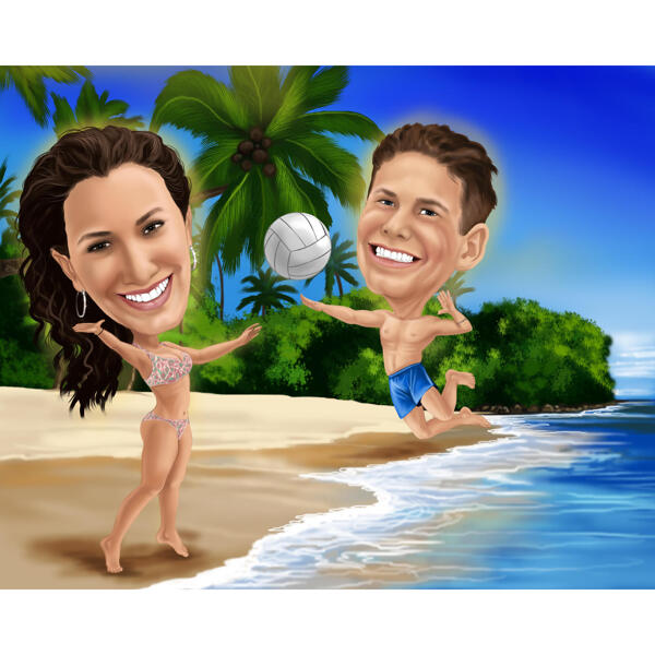 Caricatura in stile colorato di coppia di pallavolo con sfondo personalizzato da foto