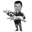 Ägare med tecknade husdjursporträtt i svartvit stil med anpassad bakgrund