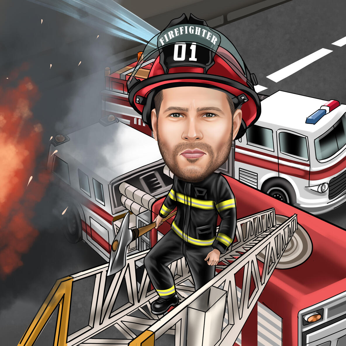 Fireman Caricature: Buy online personalized firefighter cartoons 🔥🚒🧯