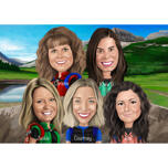 Hiking Group Caricature in Color Style