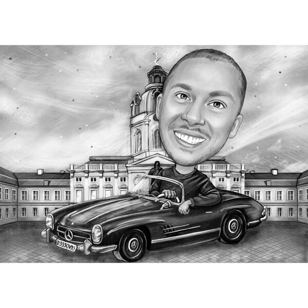Черно-белая карикатура мужчины в машине нарисованная для подарка на день рождения