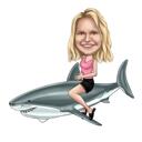 Caricatura di tutto il corpo di una persona che cavalca uno squalo in stile digitale colorato
