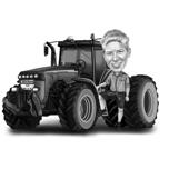 Karikatura muže s traktorem v černé a bílé