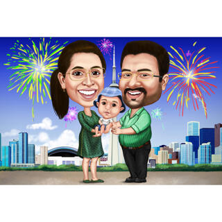 Custom Drawing: Family with Baby and Fireworks in Background