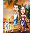 Paar mit Haustier im Urlaub in farbiger Karikatur, handgezeichnet nach Foto