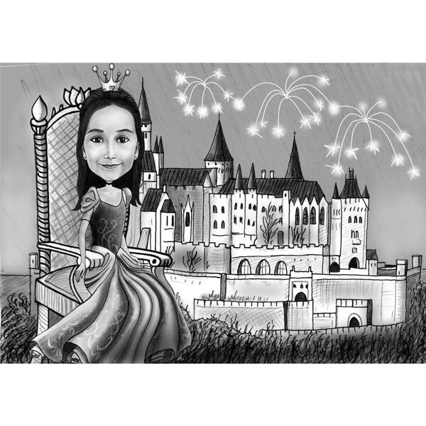 Ritratto del fumetto della ragazza della principessa con il fondo del castello