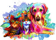 Full Body Mixed Pets Caricature in Rainbow Watercolor Style